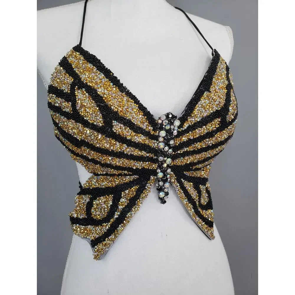 Vintage 00s Butterfly Crop Top Gold Black Rhinestones Strappy Open Back y2k 2000 - Picture 6 of 12